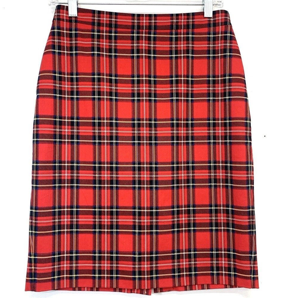 J Crew Red Tartan Plaid Pencil Skirt Lined Knee Length Sz 4 Preppy Academia Work